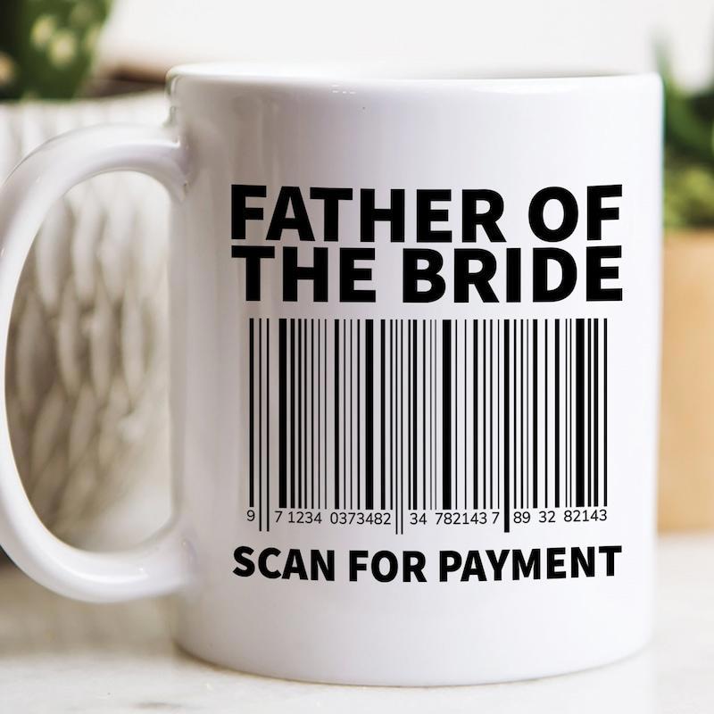 Tailorly White Ceramic 11 oz Mug - Father Of The Bride Scan For Payment Bold Vertical Black Strips Arranged Like Functional Scanning Code Barcode