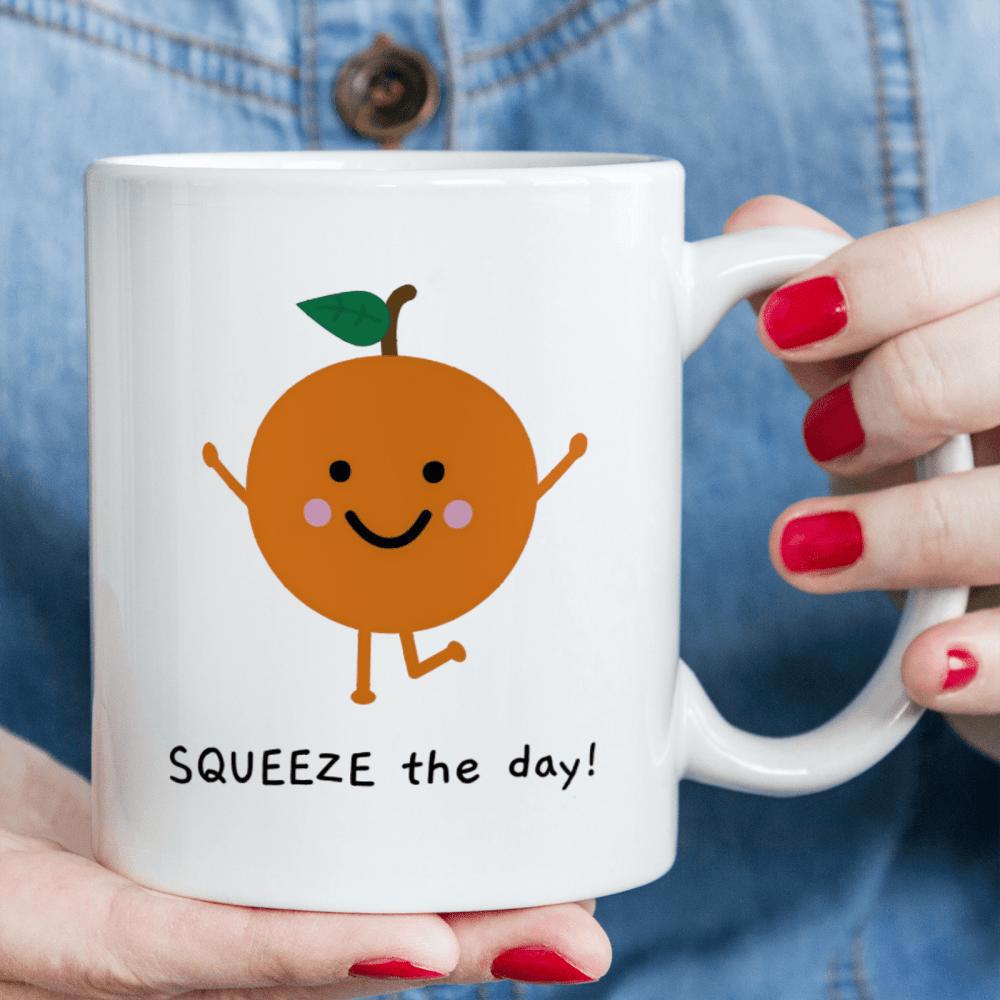 Tailorly White Ceramic 11 oz Mug - Squeeze The Day Happy Smiling Cartoon Character With Tiny Green Leaf And Dancing Orange