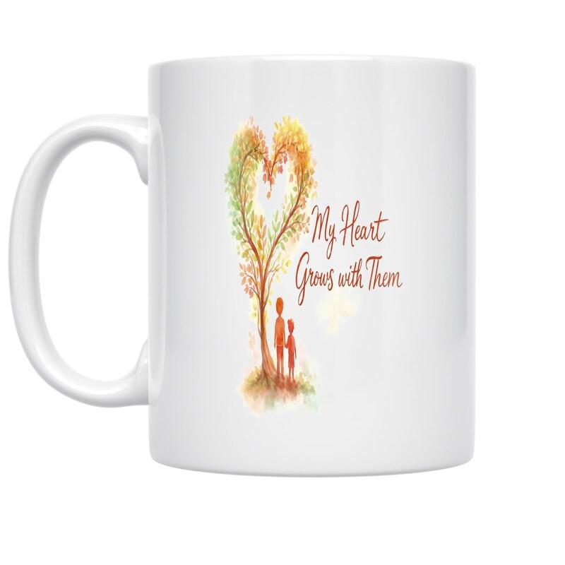 Tailorly White Ceramic 11 oz Mug - My Heart Grows With Them Beautiful Watercolor Heart Shaped Tree With Parent And Child Tree