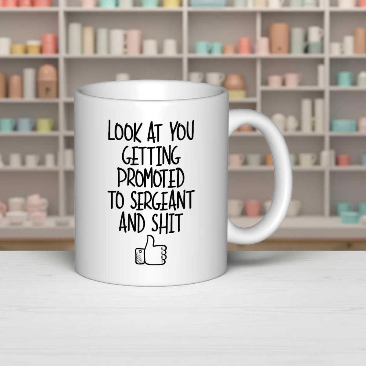 Tailorly White Ceramic 11 oz Mug - Look At You Getting Promoted To Sergeant And Shit Minimalist Hand Drawn Thumbs Up Icon On Ceramic Surface Mug