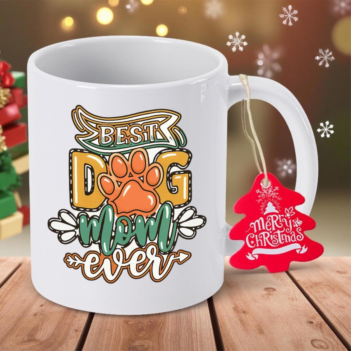 Tailorly White Ceramic 11 oz Mug - Best Dog Mom Ever Merry Christmas Artistic Hand Drawn Style Featuring An Orange Paw Print And Decorative Banners Paw