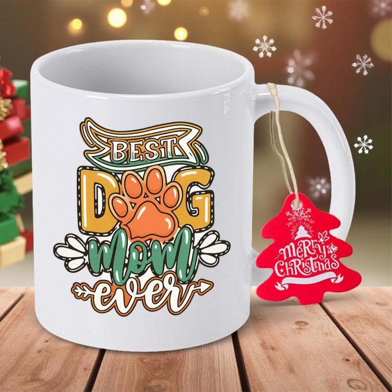 Tailorly White Ceramic 11 oz Mug - Best Dog Mom Ever Merry Christmas Artistic Hand Drawn Style Featuring An Orange Paw Print And Decorative Banners Paw