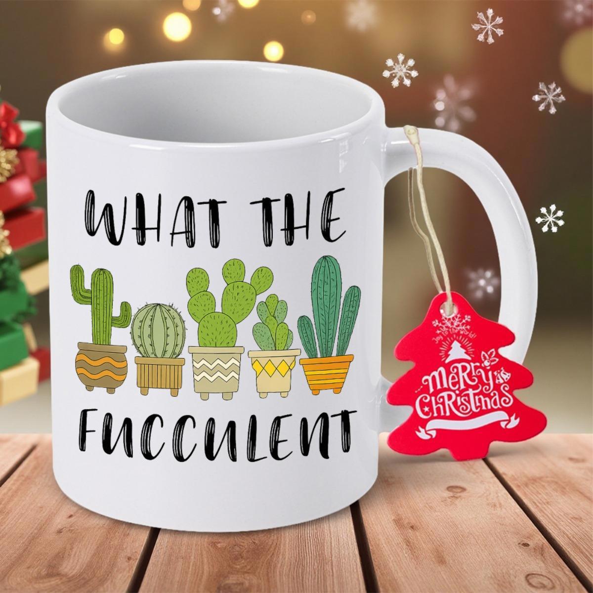 Tailorly White Ceramic 11 oz Mug - What The Fucculent Row Of Diverse Potted Cacti With Vibrant Green Spiky Textures Succulent