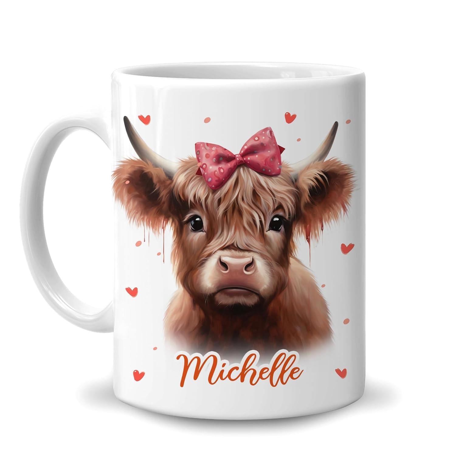 Tailorly White Ceramic 11 oz Mug - Michelle Adorable Shaggy Brown Highland Cow With Pink Bow Among Floating Hearts Cow
