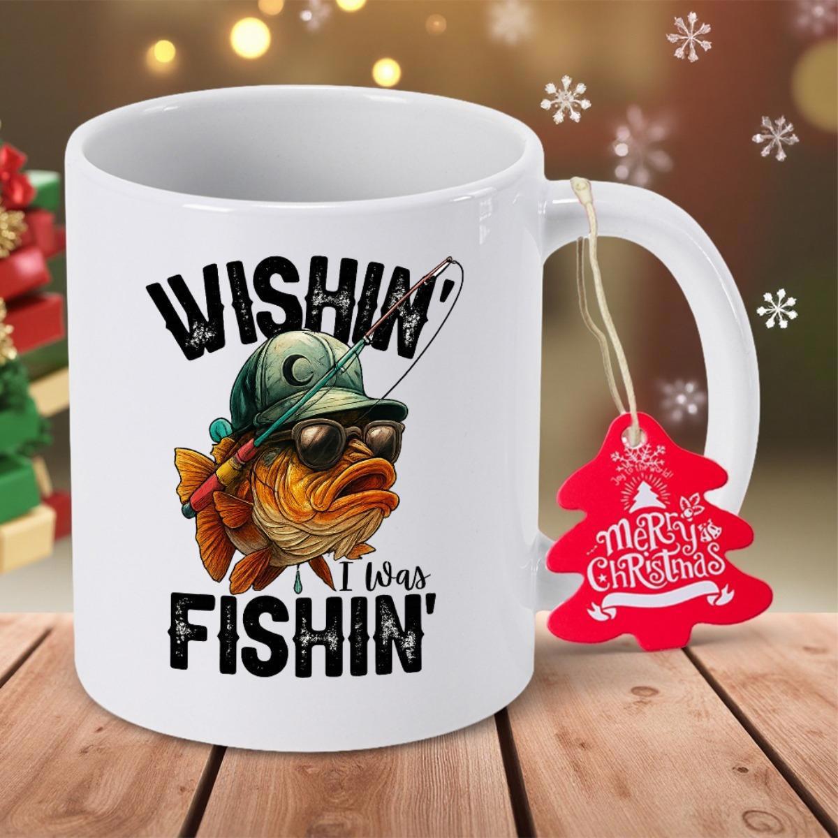 Tailorly White Ceramic 11 oz Mug - Wishin I Was Fishin Cool Cartoon Fish Wearing A Green Hat And Sunglasses Holding Rod Fish