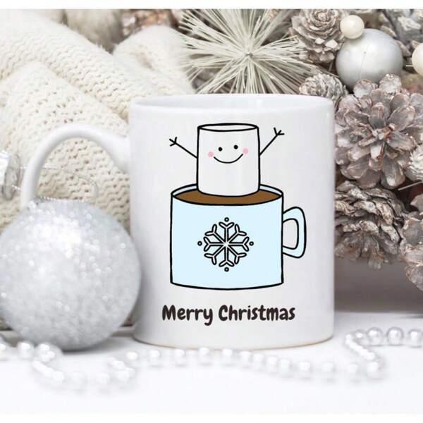 Tailorly White Ceramic 11 oz Mug - Merry Christmas Smiling Marshmallow Relaxing Inside Small Blue Cup With Delicate Snowflake Mug