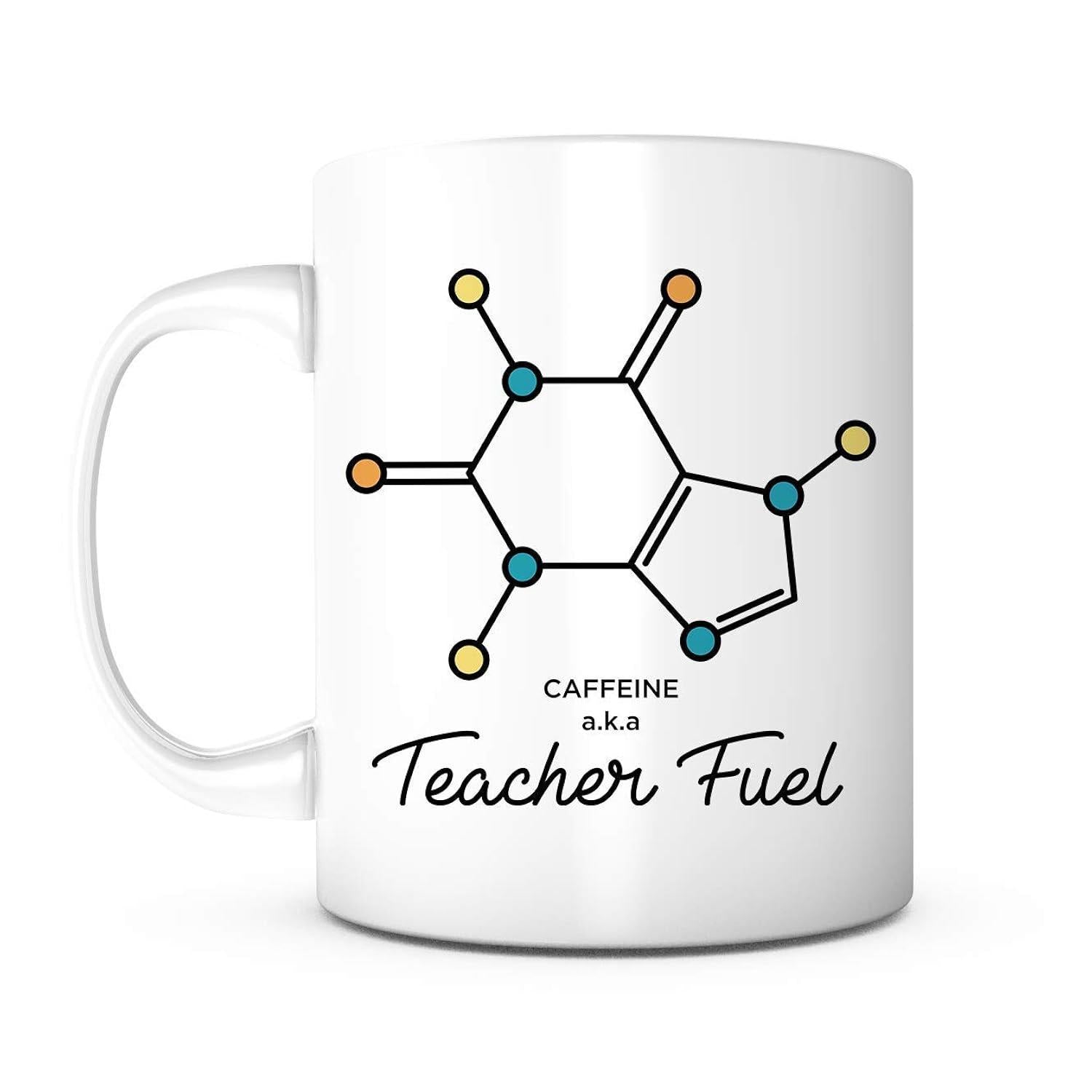 Tailorly White Ceramic 11 oz Mug - Caffeine Teacher Fuel Minimalist Colorful Scientific Molecular Structure With Geometric Connections And Circular Atoms Molecule