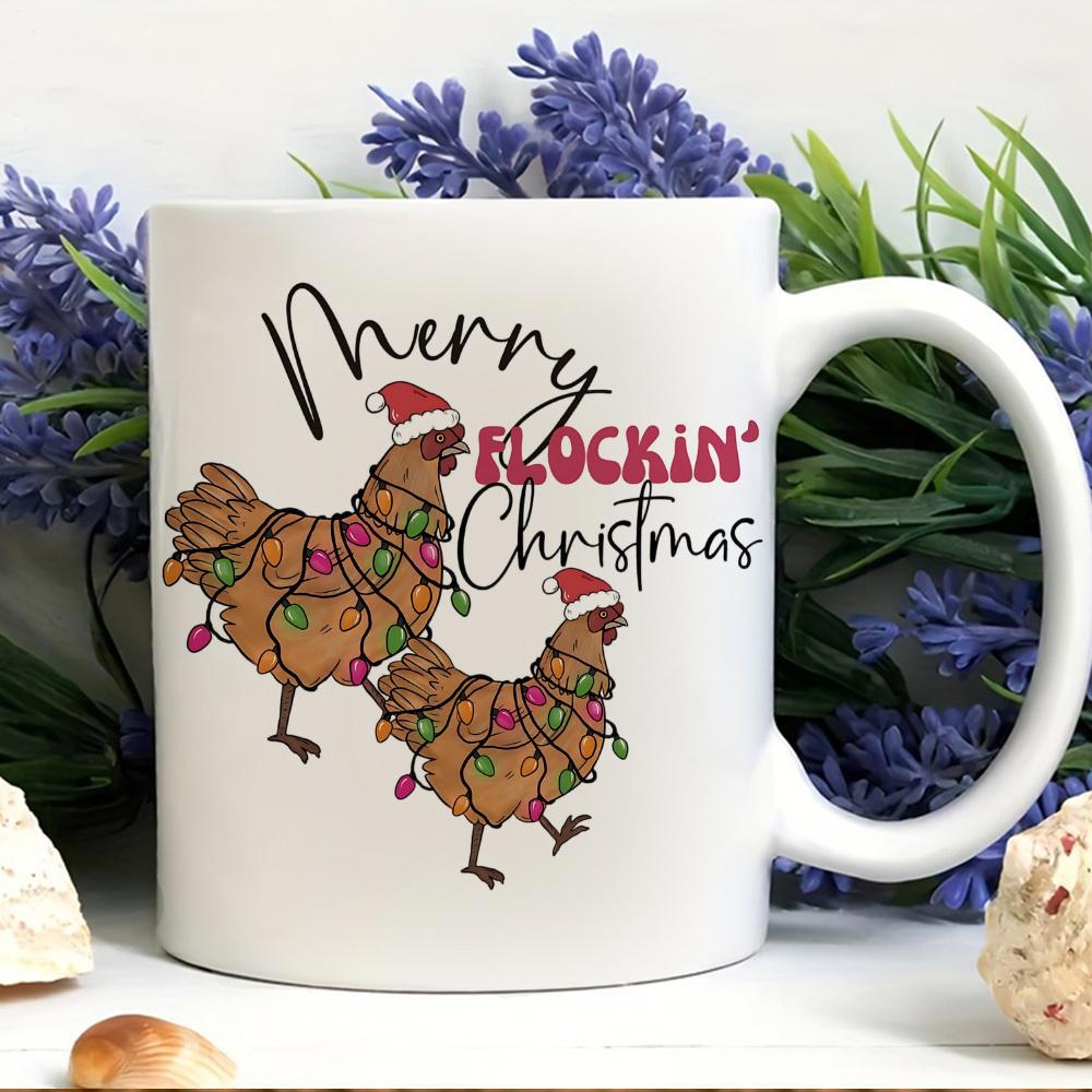 Tailorly White Ceramic 11 oz Mug - Merry Flockin Christmas Festive Brown Chickens Wearing Santa Hats And Colorful Glowing Christmas Lights Chicken