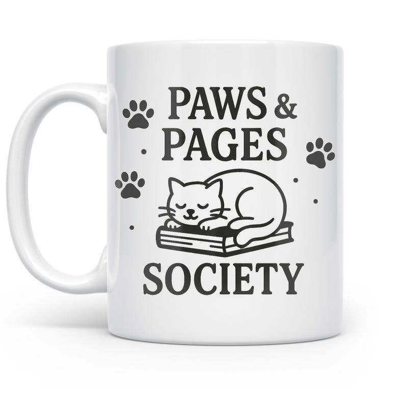 Tailorly White Ceramic 11 oz Mug - Paws Pages Society Cute Sleeping Feline Resting Peacefully Upon A Closed Hardcover Book Cat