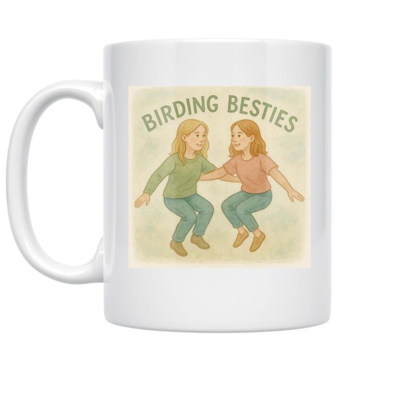Tailorly White Ceramic 11 oz Mug - Birding Besties Two Young Girls Sitting Together In Nature On An Illustrated Background Girls