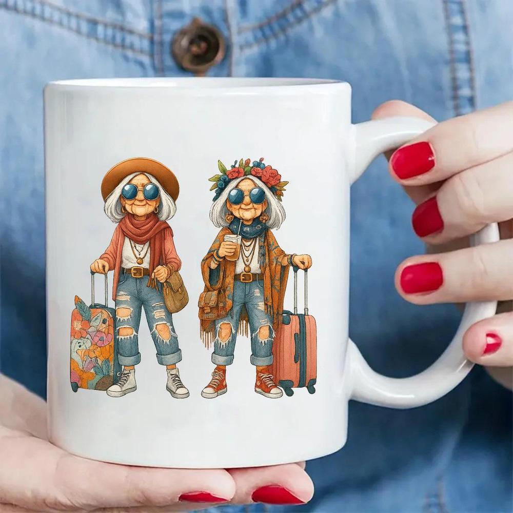Tailorly White Ceramic 11 oz Mug - Two Stylish Fashionable Women Carrying Suitcases Prepared For A Grand Adventure Travelers