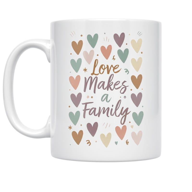 Tailorly White Ceramic 11 oz Mug - Love Makes A Family Muted Pastel Tones Arranged In A Border Of Decorative Artistic Soft Heart