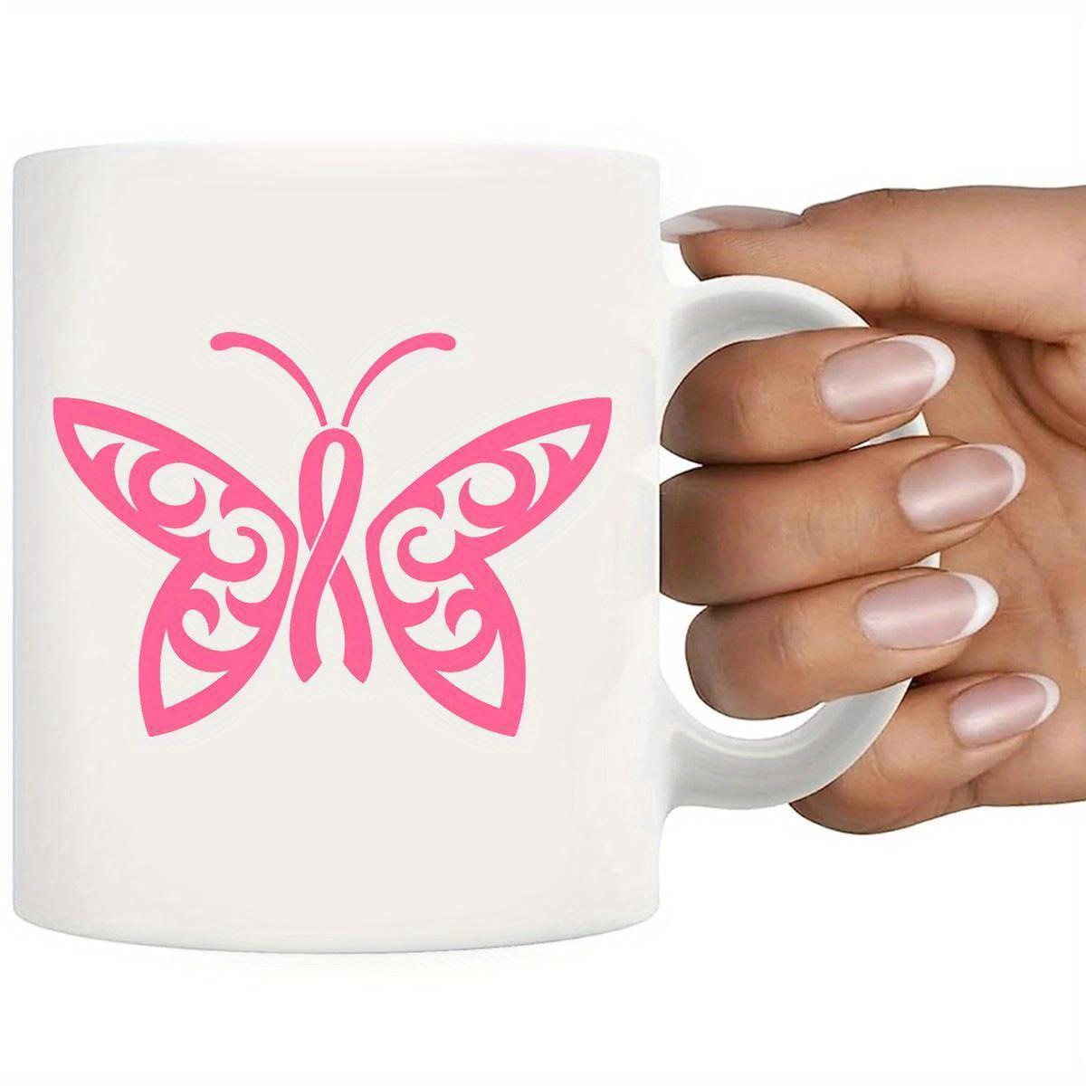 Tailorly White Ceramic 11 oz Mug - Delicate Pink Filigree Wings Combined With Awareness Ribbon Design Butterfly