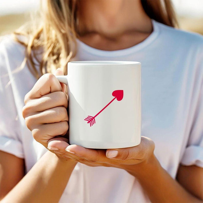 Tailorly White Ceramic 11 oz Mug - Simple Minimalist Red Heart Tipped Cupid Arrow For Valentine Love Arrow