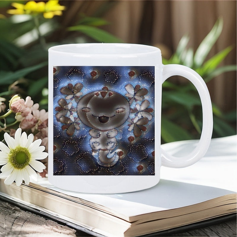 Tailorly White Ceramic 11 oz Mug - Stylized Mythical Creature Floating Within A Dark Celestial Floral Background Axolotl