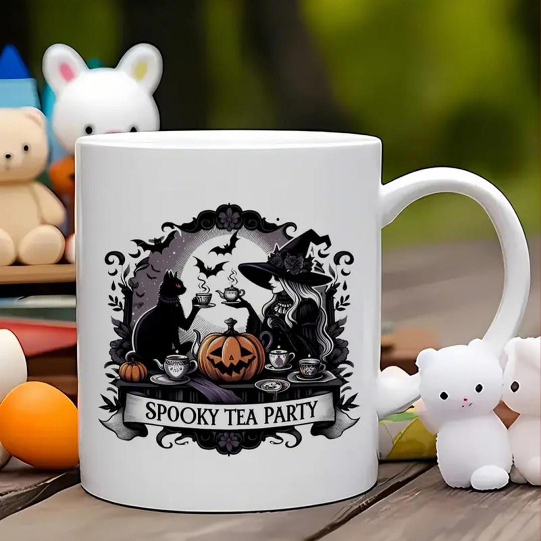 Tailorly White Ceramic 11 oz Mug - Spooky Tea Party Mysterious Gothic Halloween Scene With Bats And Glowing Pumpkin Witch