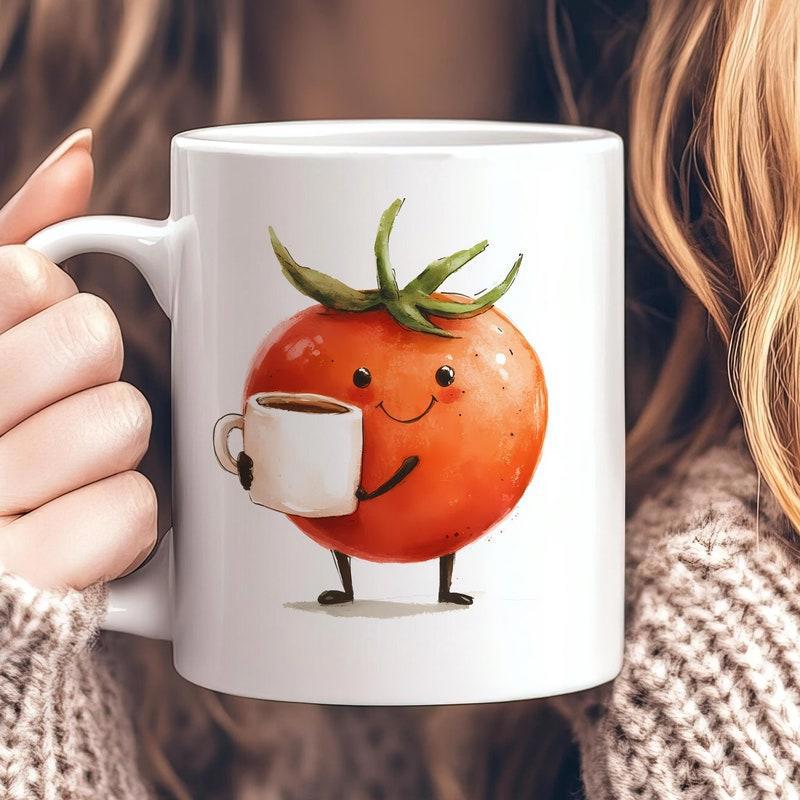 Tailorly White Ceramic 11 oz Mug - Cute Smiling Red Vegetable Holding A Tiny Coffee Cup Tomato