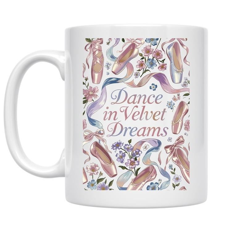 Tailorly White Ceramic 11 oz Mug - Dance In Velvet Dreams Elegant Pastel Ribbons With Delicate Flowers Surrounding Graceful Satin Ballet Slipper