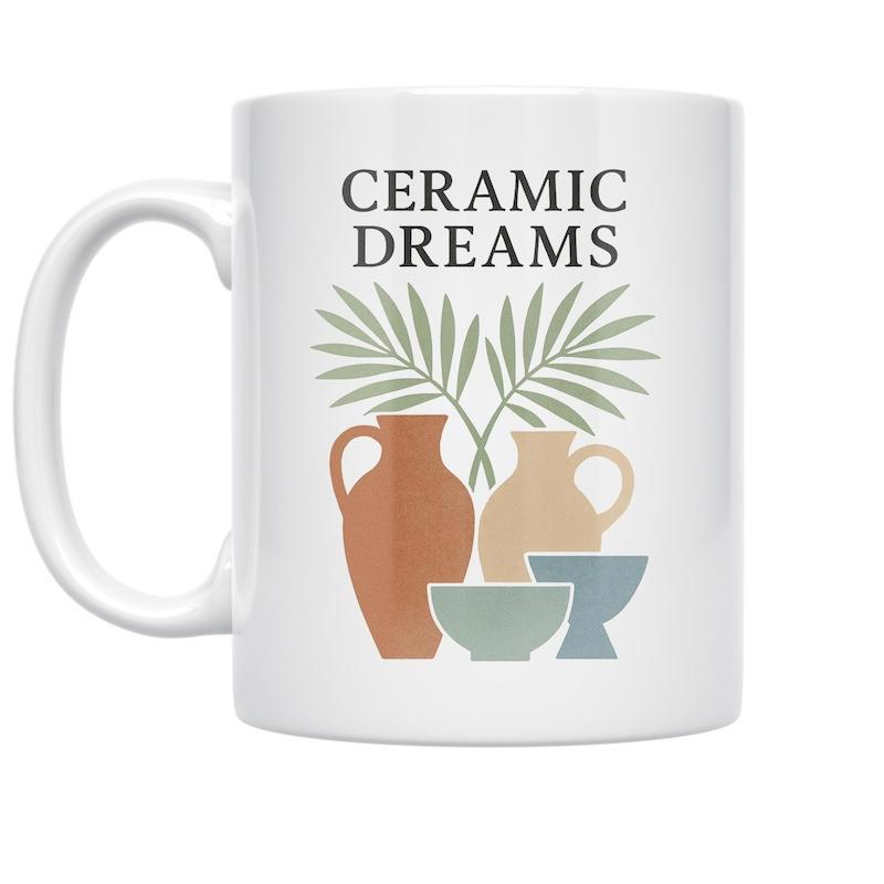 Tailorly White Ceramic 11 oz Mug - Ceramic Dreams Minimalist Earthy Vessels Featuring Elegant Tropical Leaves In Soft Tones Pottery