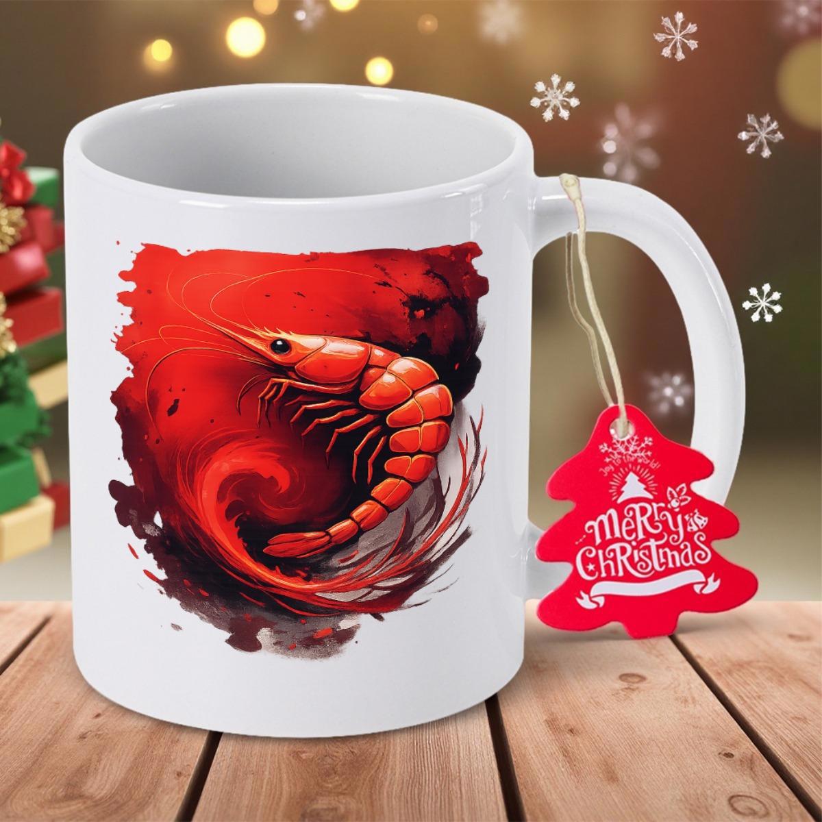 Tailorly White Ceramic 11 oz Mug - Merry Christmas Vibrant Red Crustacean Curled Within Dramatic Crimson Artistic Ink Splatter Background Shrimp