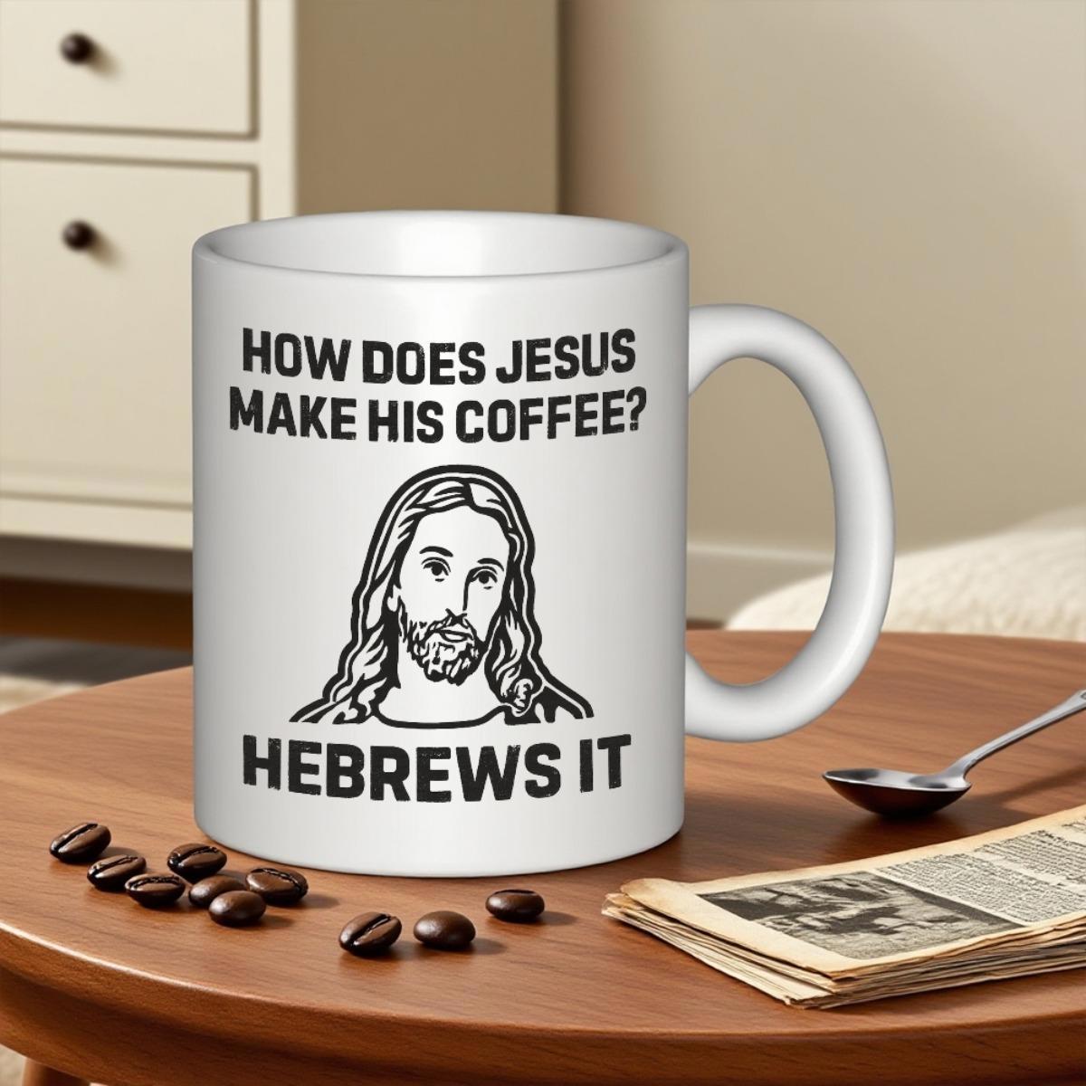 Tailorly White Ceramic 11 oz Mug - How Does Jesus Make His Coffee Hebrews It Minimalist Black Line Art Sketch Featuring A Serene Religious Figure Jesus
