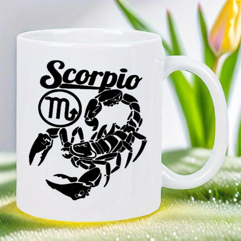 Tailorly White Ceramic 11 oz Mug - Scorpio Intricate Black Silhouette With Curved Poisonous Stinger And Large Pincers Scorpion