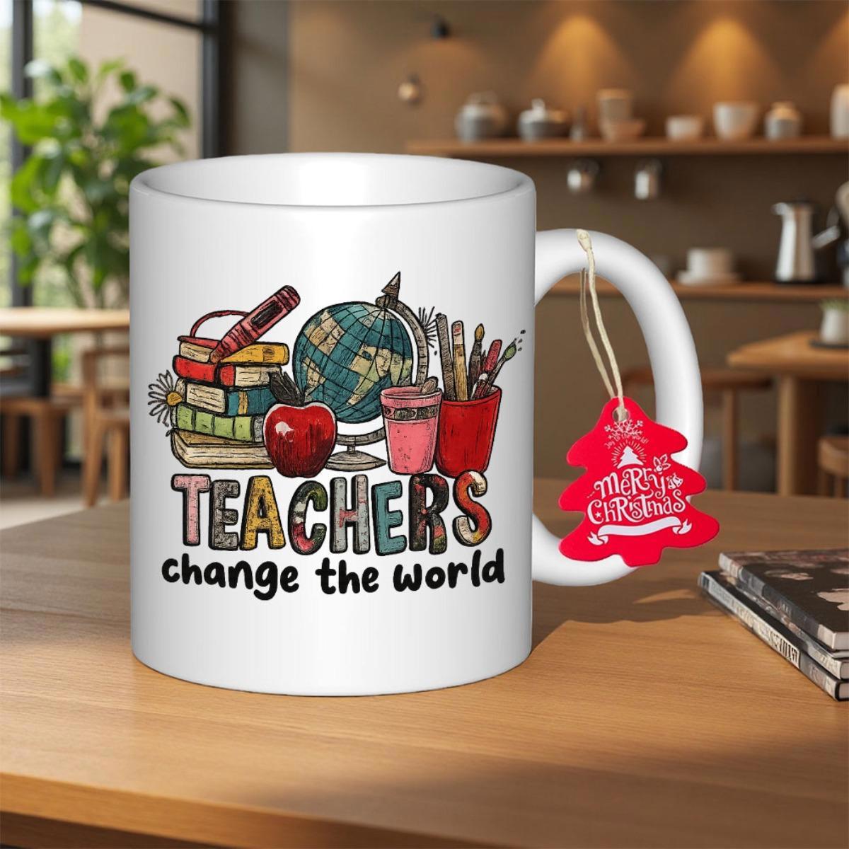 Tailorly White Ceramic 11 oz Mug - Teachers Change The World Stacked Books With Red Apple And Antique Globe Stationery Set Mug