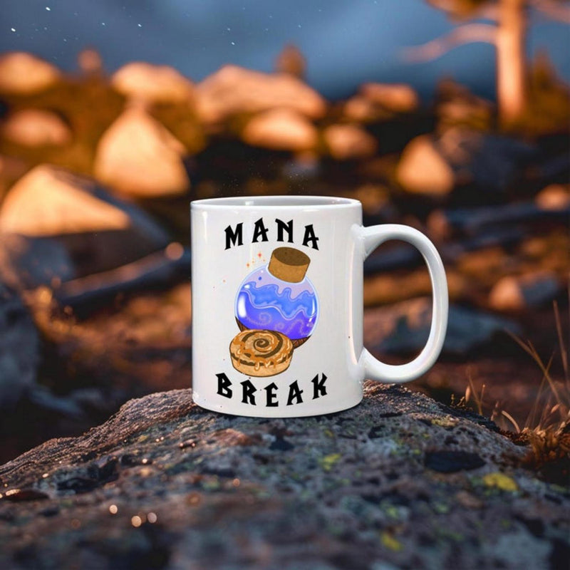 Tailorly White Ceramic 11 oz Mug - Mana Break Fresh Golden Pastry Below A Glowing Mystical Magic Liquid Bottle