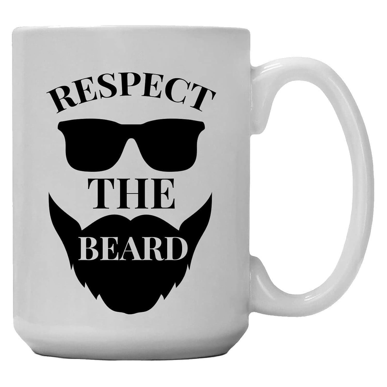 Tailorly White Ceramic 11 oz Mug - Respect The Beard Minimalist Black Silhouette With Dark Sunglasses Above A Thick Groomed Facial Hair Beard