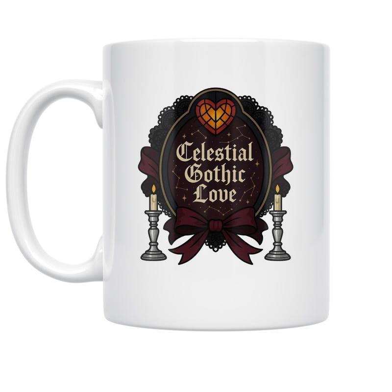 Tailorly White Ceramic 11 oz Mug - Celestial Gothic Love Intricate Dark Frame With Glowing Heart Candles And Elegant Ribbon Bow Emblem