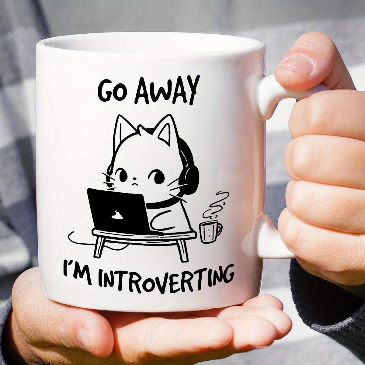 Tailorly White Ceramic 11 oz Mug - Go Away I'm Introverting Minimalist Line Art Wearing Headphones Working On Laptop With Coffee Cat