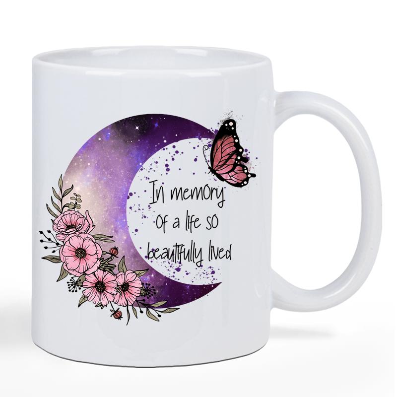 Tailorly White Ceramic 11 oz Mug - In Memory Of A Life So Beautifully Lived Mystical Crescent Moon With Purple Galaxy Texture Pink Floral Accents Butterfly
