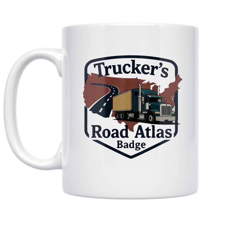 Tailorly White Ceramic 11 oz Mug - Truckers Road Atlas Badge Classic Semi Trailer Cruising Along Winding Highway With Continental Map Truck