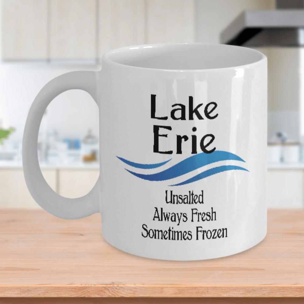 Tailorly White Ceramic 11 oz Mug - Lake Erie Unsalted Always Fresh Sometimes Frozen Minimalist Blue Flowing Curves Representing Calm Water Surface Wave