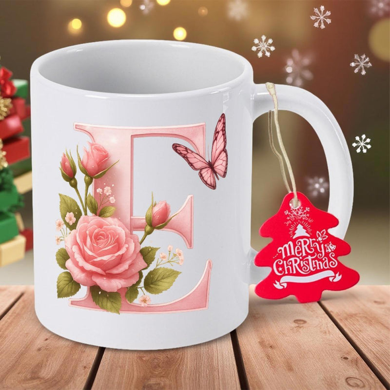 Tailorly White Ceramic 11 oz Mug - Merry Christmas Elegant Pink Letter E Surrounded By Delicate Blooming Roses And Fluttering Butterfly Rose
