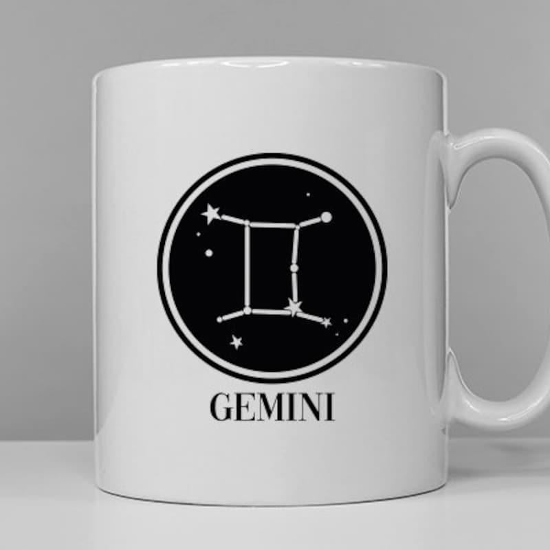 Tailorly White Ceramic 11 oz Mug - Gemini Celestial Zodiac Sign Stars Within Minimalist Circular Night Sky Emblem Gemini