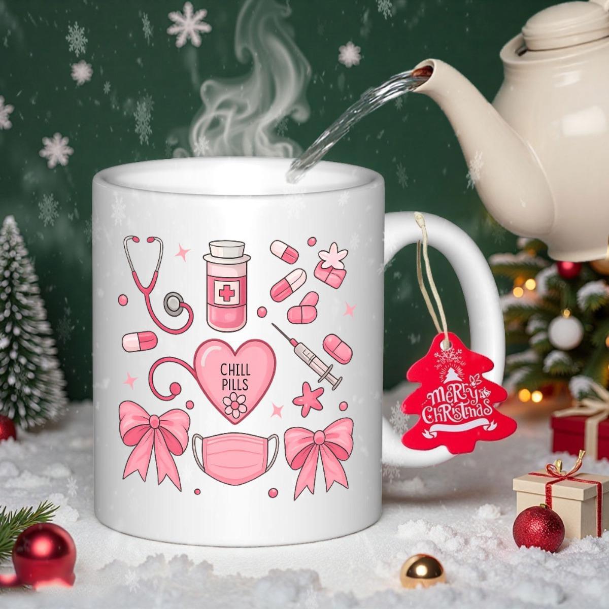 Tailorly White Ceramic 11 oz Mug - Chill Pills Adorable Pink Medical Elements Featuring Stethoscope Syringe And Cute Ribbon Bows Heart