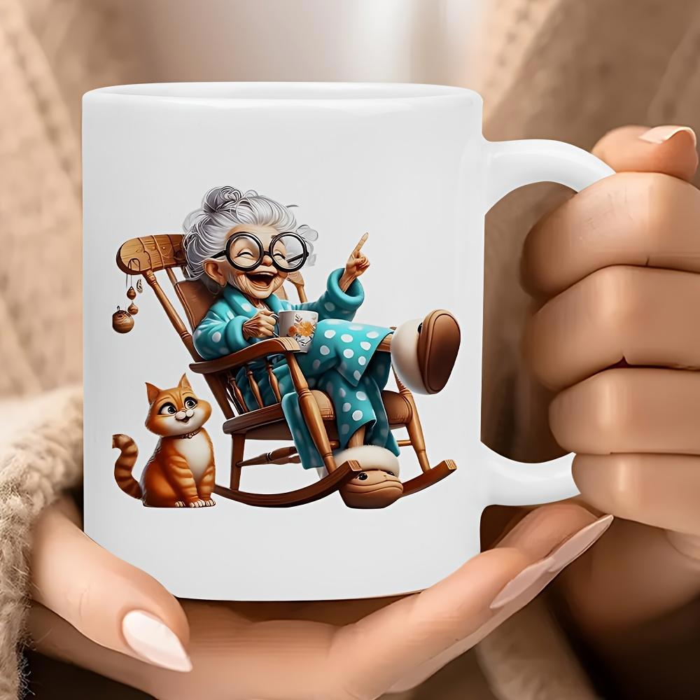 Tailorly White Ceramic 11 oz Mug - Cheerful Elderly Woman In Blue Polka Dot Robe Sitting On Rocking Chair Grandma