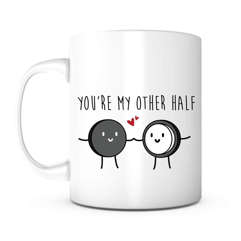 Tailorly White Ceramic 11 oz Mug - You're My Other Half Two Cute Cartoon Biscuits Holding Hands Featuring Small Floating Red Hearts Cookie