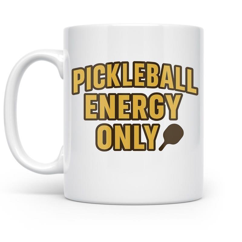 Tailorly White Ceramic 11 oz Mug - Pickleball Energy Only Bold Yellow Sports Theme With Classic Silhouette Outline Sporty Paddle