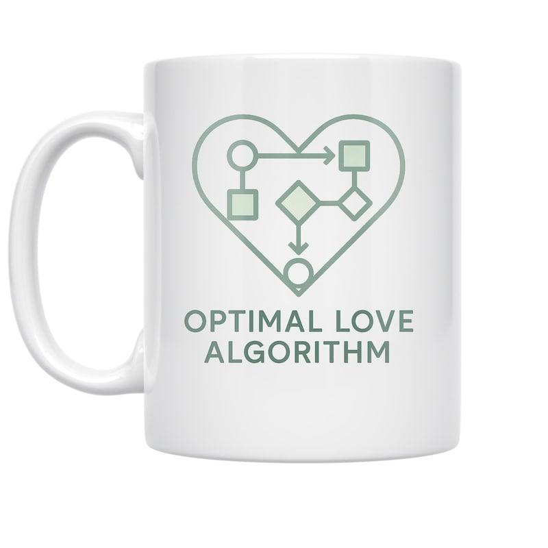 Tailorly White Ceramic 11 oz Mug - Optimal Love Algorithm Technical Flowchart Diagram With Geometric Lines Inside Minimalist Heart