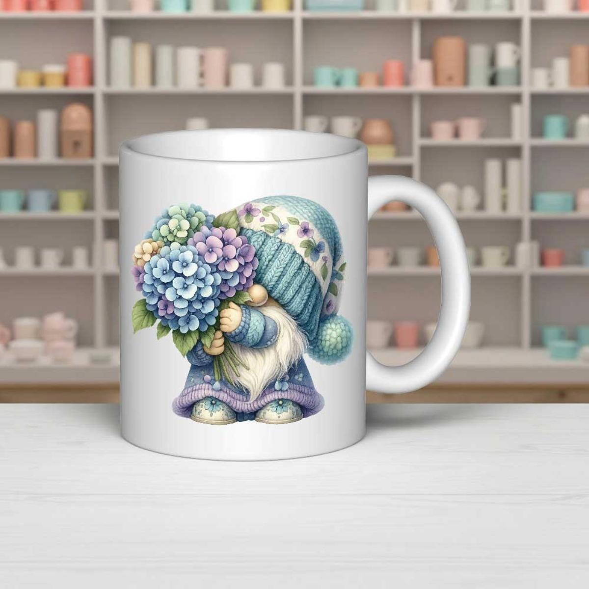 Tailorly White Ceramic 11 oz Mug - Charming Garden Figure Carrying Fresh Spring Flowers Under Soft Morning Light Gnome