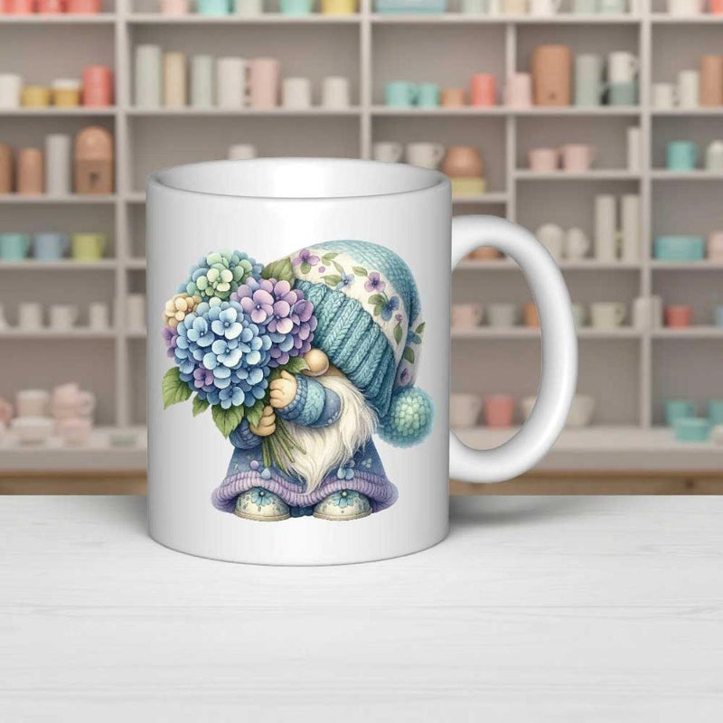 Tailorly White Ceramic 11 oz Mug - Charming Garden Figure Carrying Fresh Spring Flowers Under Soft Morning Light Gnome