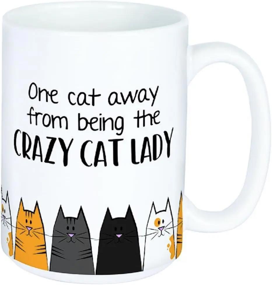 Tailorly White Ceramic 11 oz Mug - One Cat Away From Being The Crazy Cat Lady Line Of Colorful Hand Drawn Playful Cartoon Kittens Side By Side Cat