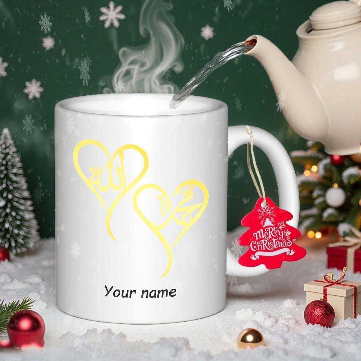 Tailorly White Ceramic 11 oz Mug - Your Name Merry Christmas Two Golden Stylized Hearts Resting On A Clean White Surface Ceramic Mug