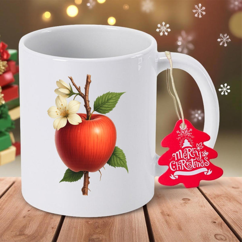 Tailorly White Ceramic 11 oz Mug - Merry Christmas Vibrant Red Fruit Among Blooming White Blossoms And Green Leaves Apple