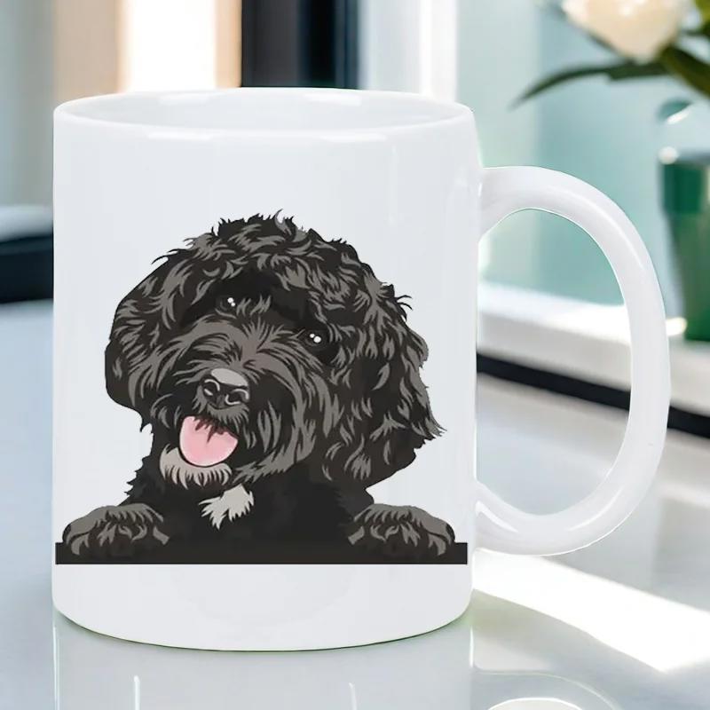 Tailorly White Ceramic 11 oz Mug - Adorable Fluffy Black Curly Haired Dog Peeking Over A Minimalist Black Line Dog