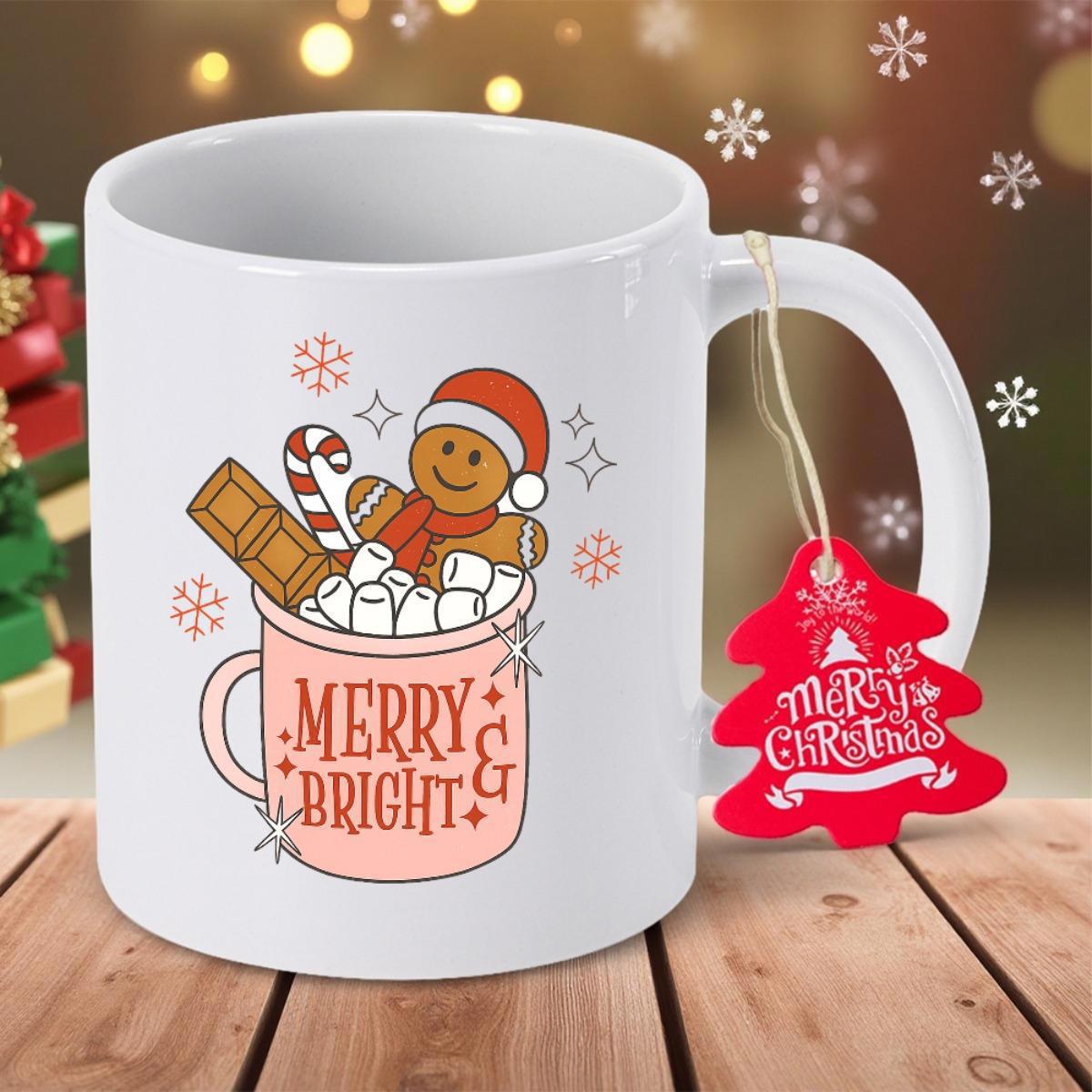 Tailorly White Ceramic 11 oz Mug - Merry Bright Adorable Gingerbread Man Resting In Pink Cocoa Mug With Sweet Treats Gingerbread Man