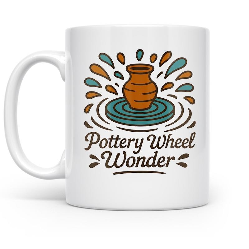 Tailorly White Ceramic 11 oz Mug - Pottery Wheel Wonder Artistic Brown Clay Vessel Rotating On Teal Base With Splashes Pot