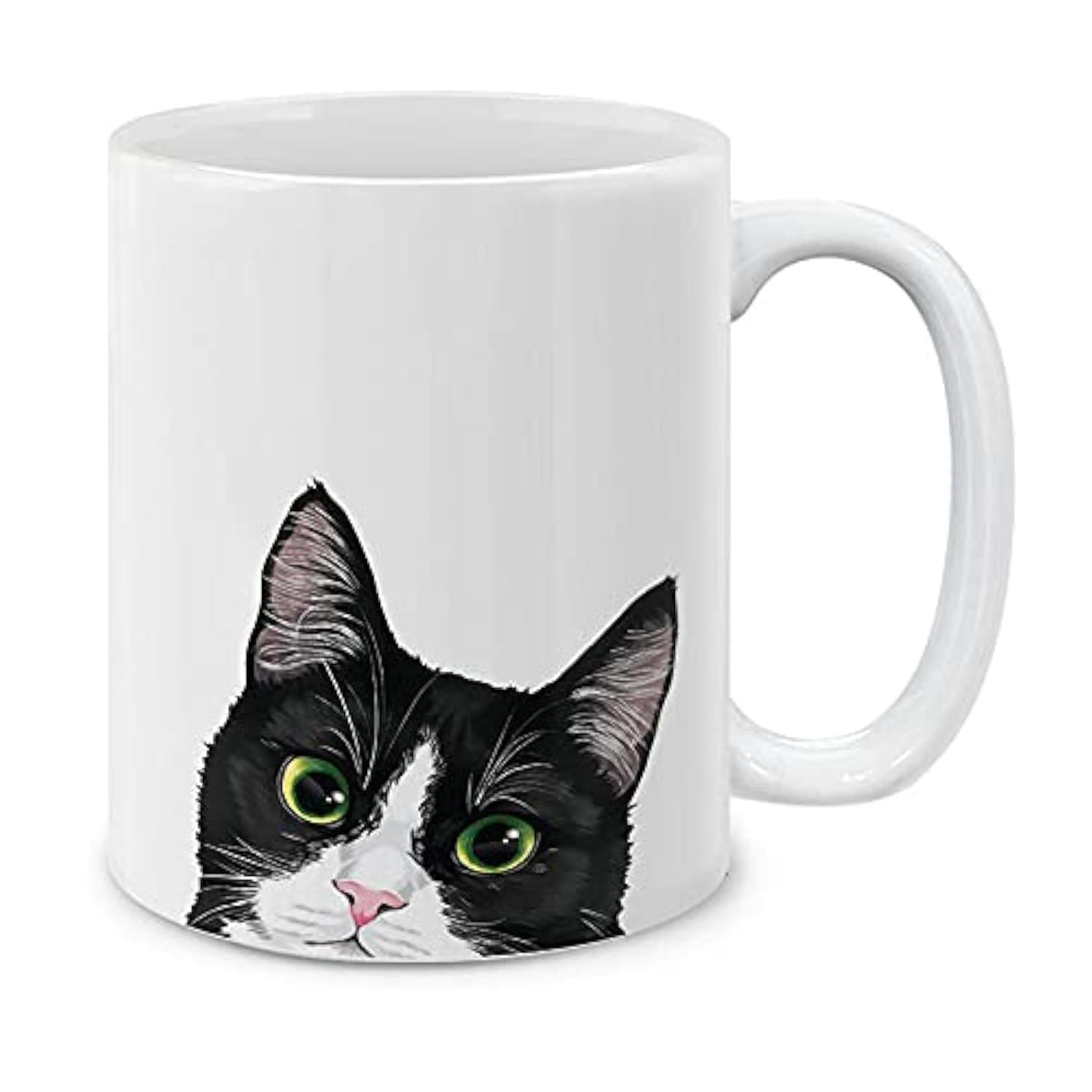 Tailorly White Ceramic 11 oz Mug - Black And White Tuxedo Cat Peeking From Below With Bright Green Eyes Cat